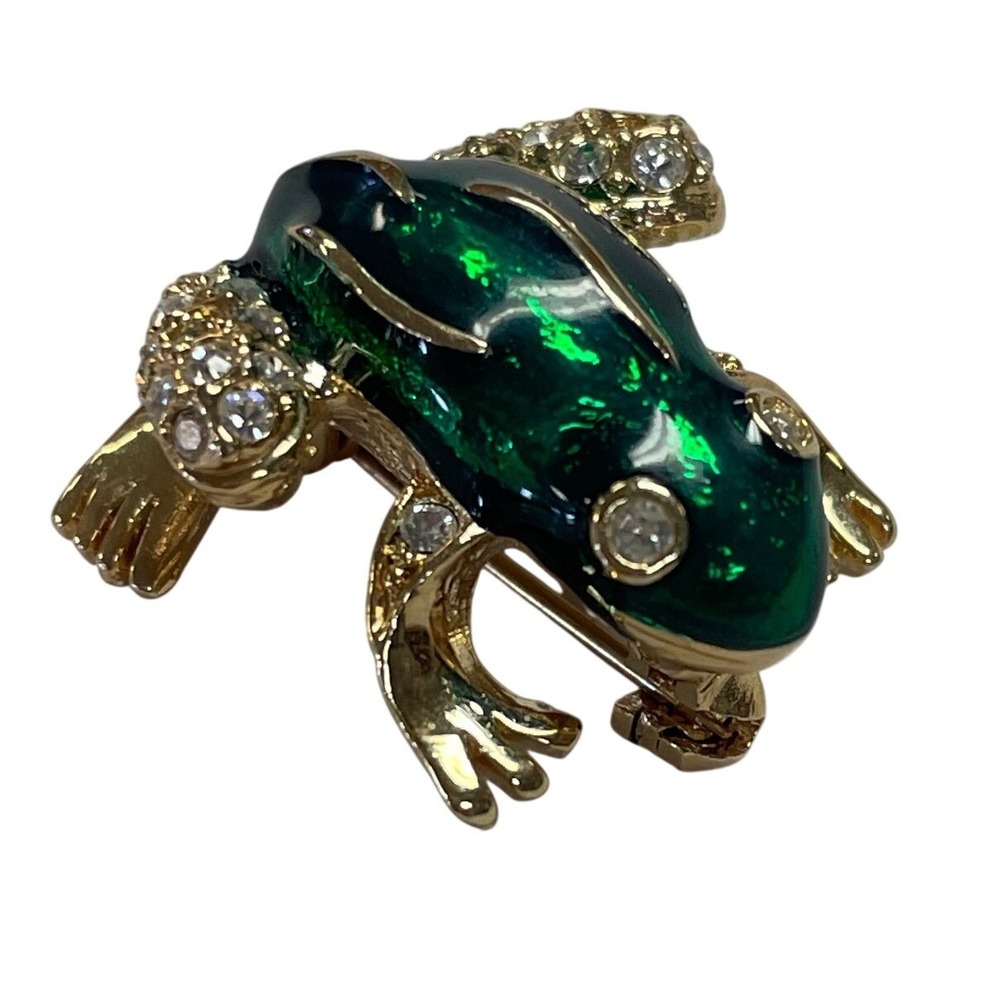 Roman Vintage Green Enamel Frog Brooch Gold Tone Rhinestone Animal Pin